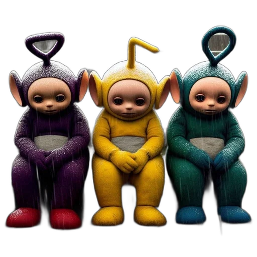 mask, 3d render, concept art, three, plush, teletubbies, sit, rain transparent PNG cut-out