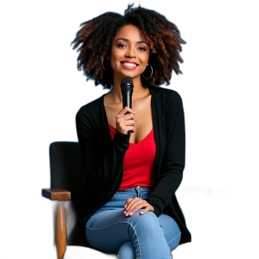 jacket, staff, hair, furniture, cartoon, woman, curly, sitting transparent PNG cut-out