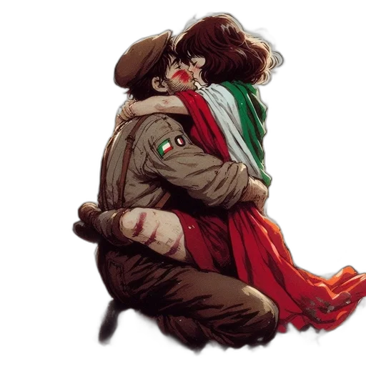 jacket, concept art, comic book art, soldier, embraces, woman, amidst, war-torn transparent PNG cut-out