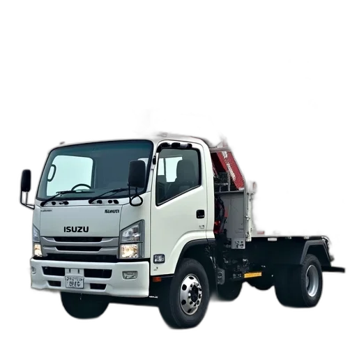 3d render, photorealistic, white, truck, crane, attached, back, parked transparent PNG cut-out