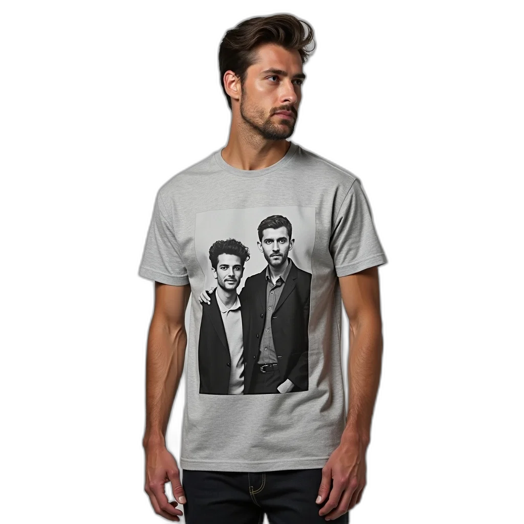 cartoon, photorealistic, man, wearing, grey, t-shirt, black, white transparent PNG cut-out