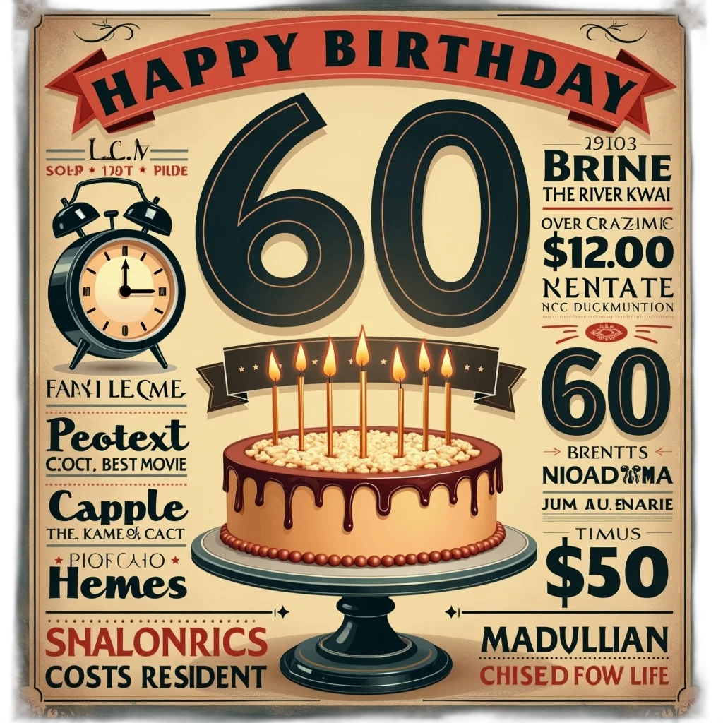 3d render, vintage-style, poster, celebrating, 60th, birthday, person, features transparent PNG cut-out