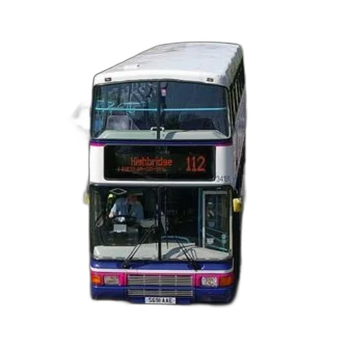 photorealistic, 3d render, double-decker, bus, driving, down, street, cars transparent PNG cut-out