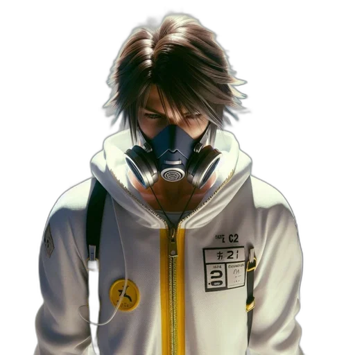 jacket, staff, mask, face, concept art, anime, pixel art, photorealistic transparent PNG cut-out