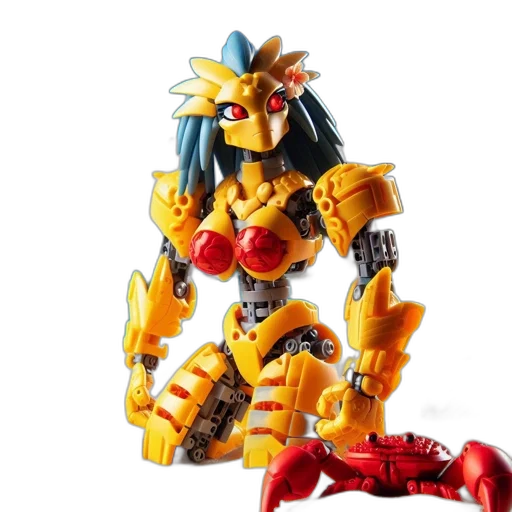 robot, jewelry, 3d render, concept art, lego-styled, creature, resembling, yellow-reddish transparent PNG cut-out