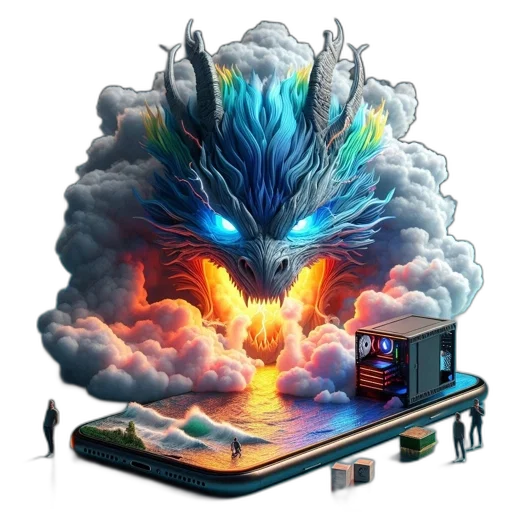 dragon, fantasy art, concept art, pixel art, cyberpunk, fire, large, multi-colored transparent PNG cut-out