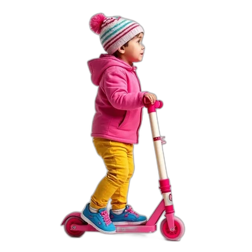staff, 3d render, child, colorful, outfit, standing, pink, scooter transparent PNG cut-out