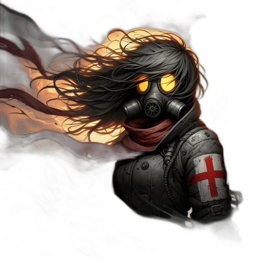 mask, staff, concept art, fantasy art, comic book art, cyberpunk, fire, character transparent PNG cut-out