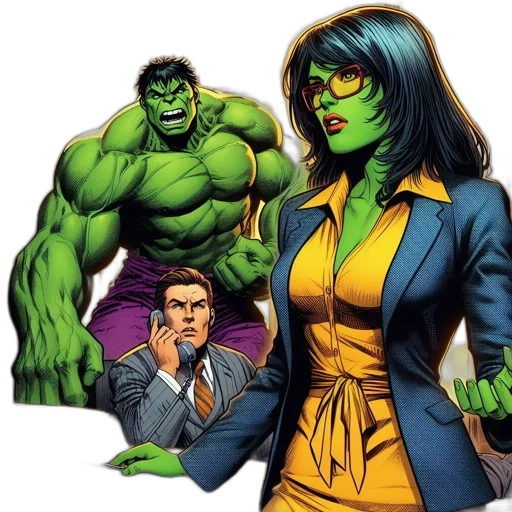 comic book art, concept art, green, scene, depicts, hulk, suit-clad, man transparent PNG cut-out