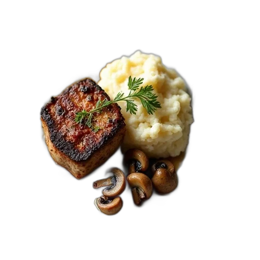 food, animal, 3d render, photorealistic, plate, piece, meat, mushrooms transparent PNG cut-out