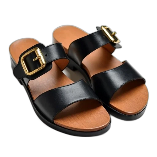 shoes, pair, black, leather, sandals, wooden, soles, gold transparent PNG cut-out