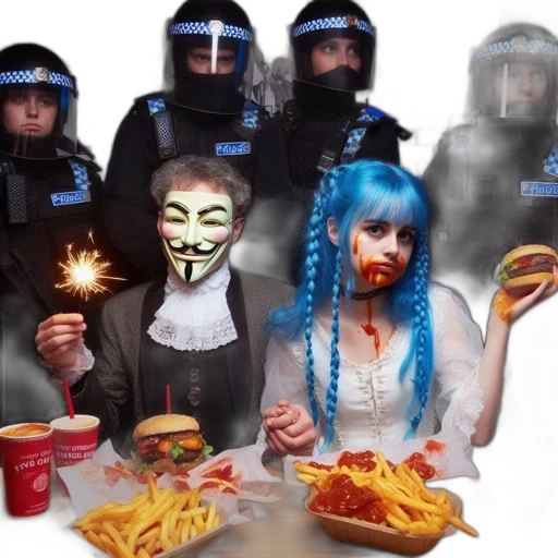 mask, food, cyberpunk, vaporwave, blue, two, patrons, distinctive transparent PNG cut-out