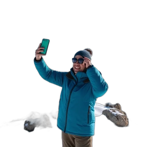 jacket, staff, creature, hat, concept art, 3d render, snow, blue transparent PNG cut-out