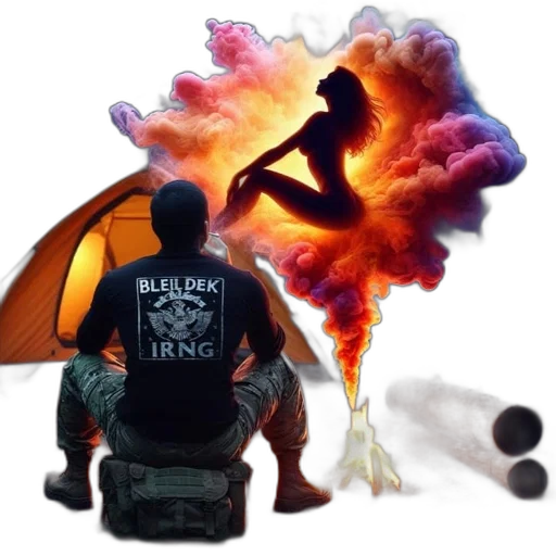 jacket, concept art, fire, dark, person, camouflage, pants, sits transparent PNG cut-out