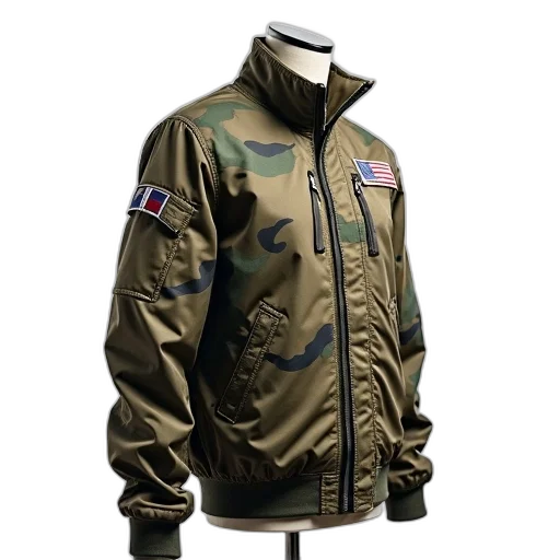 jacket, mannequin, wearing, camouflage, patch, left, shoulder, has transparent PNG cut-out