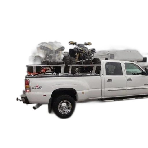 white, pickup, truck, bed, rack, carrying, three, atvs transparent PNG cut-out