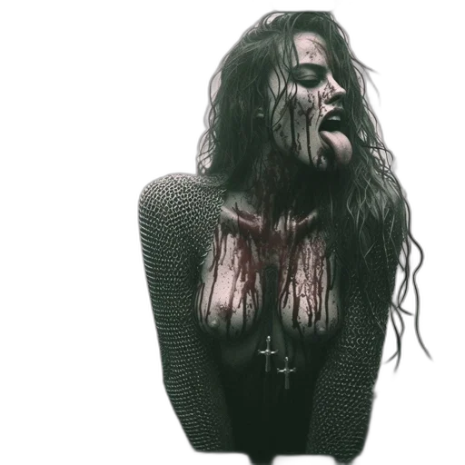 woman, smeared, blood, her, chainmail-clad, body, dramatic, pose transparent PNG cut-out