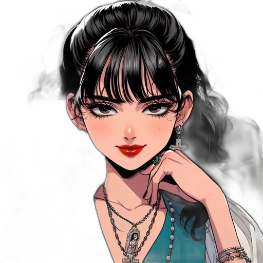 jewelry, face, dress, cartoon, fantasy art, anime, photorealistic, dark transparent PNG cut-out