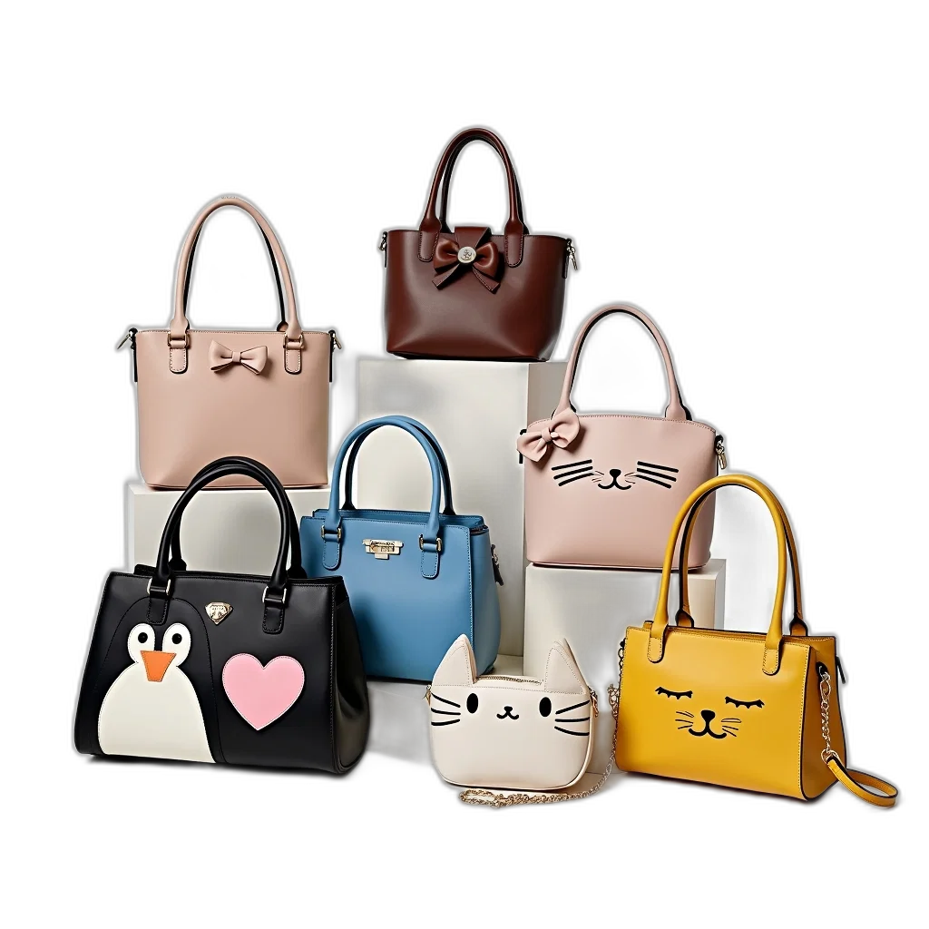 3d render, monochrome, pastel, collection, variously, designed, colored, handbags transparent PNG cut-out