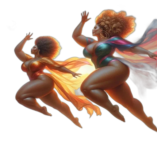 concept art, comic book art, fantasy art, fire, underwater, outer space, two, women transparent PNG cut-out