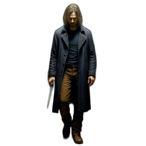 jacket, concept art, man, walks, down, dimly, lit, wooden transparent PNG cut-out