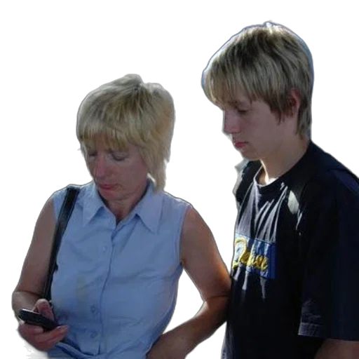 staff, woman, blue, shirt, looking, her, phone, while transparent PNG cut-out