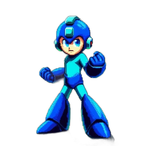 robot, weapon, staff, pixel art, 3d render, concept art, cartoon, blue transparent PNG cut-out