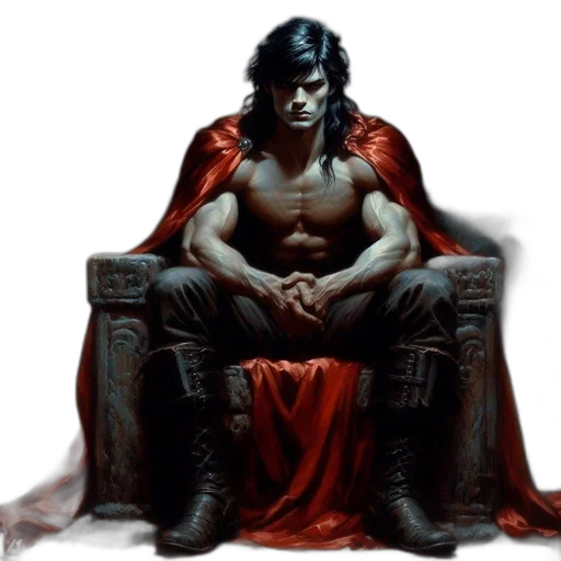 comic book art, fantasy art, concept art, photorealistic, red, muscular, man, sits transparent PNG cut-out