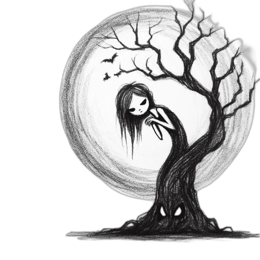 tree, creature, dress, fantasy art, concept art, pencil sketch, comic book art, forest transparent PNG cut-out