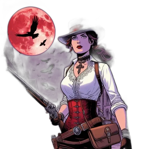 comic book art, concept art, fantasy art, cartoon, red, woman, donning, steampunk transparent PNG cut-out