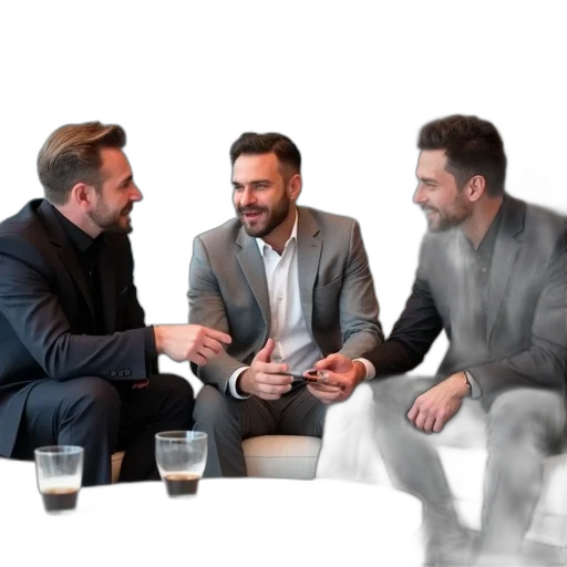 furniture, group, three, men, seated, couch, engaged, discussion transparent PNG cut-out