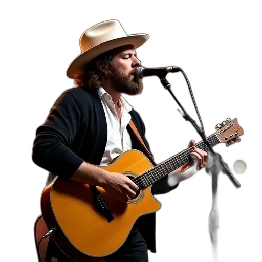 hat, musician, beard, white, playing, guitar, stage, wearing transparent PNG cut-out