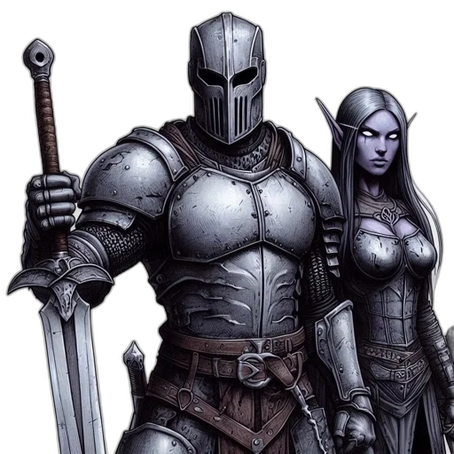 sword, concept art, fantasy art, comic book art, pixel art, monochrome, two, characters transparent PNG cut-out