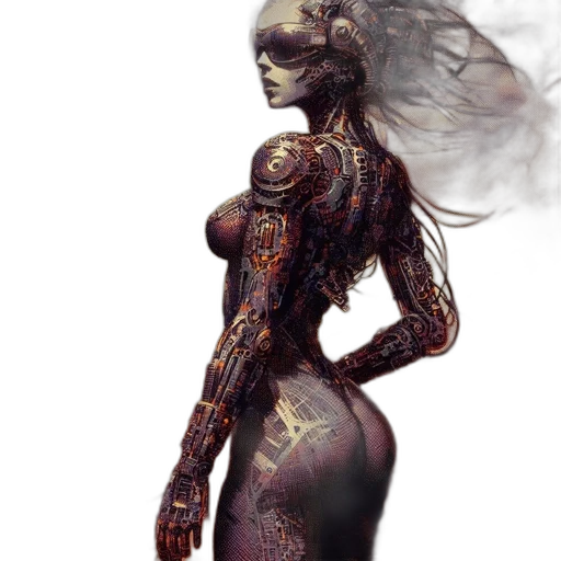 robot, dress, fantasy art, concept art, cyberpunk, comic book art, outer space, dark transparent PNG cut-out