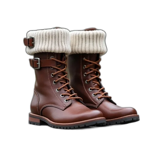 shoes, 3d render, pair, brown, leather, boots, knitted, cuff transparent PNG cut-out
