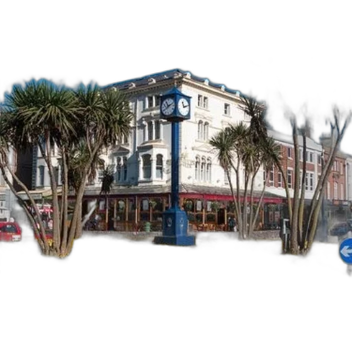 building, photorealistic, city street, vibrant, street, scene, clock, tower transparent PNG cut-out