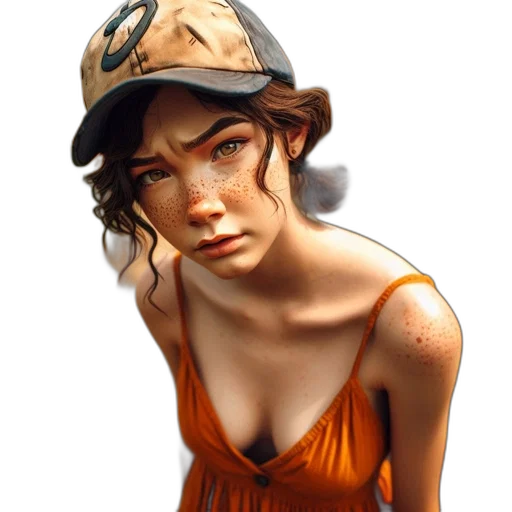 hat, dress, face, concept art, photorealistic, 3d render, fantasy art, earth tones transparent PNG cut-out