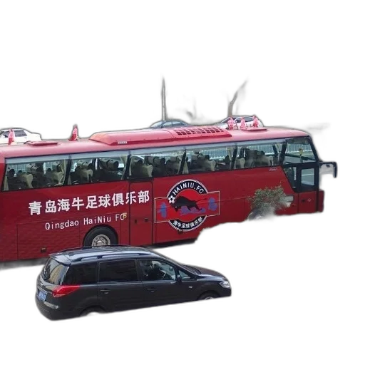 car, photorealistic, 3d render, concept art, red, bus, words, qingdao transparent PNG cut-out