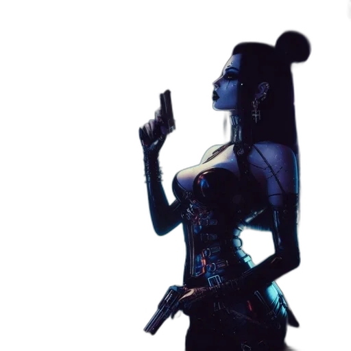 weapon, concept art, cyberpunk, 3d render, neon-lit, environment, woman, wearing transparent PNG cut-out