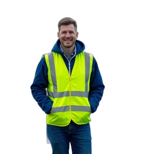 jacket, staff, man, yellow, safety, vest, blue, stands transparent PNG cut-out