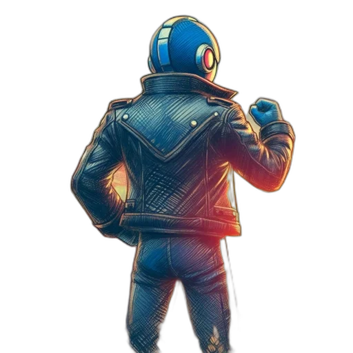 jacket, robot, staff, mask, concept art, comic book art, pixel art, 3d render transparent PNG cut-out