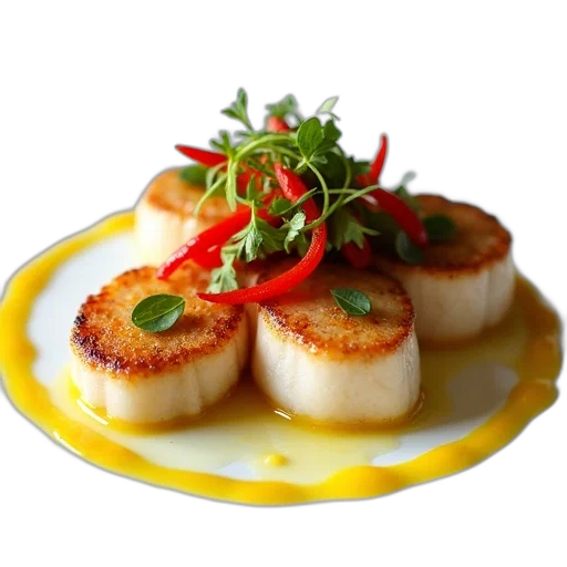 food, photorealistic, 3d render, plate, seared, scallops, colorful, salad transparent PNG cut-out
