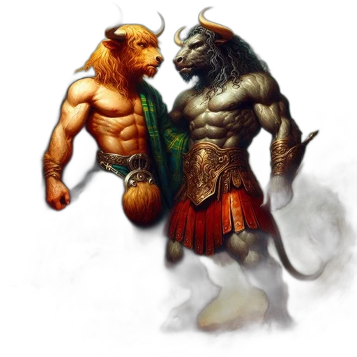 fantasy art, concept art, comic book art, photorealistic, two, anthropomorphic, horned, bull-beings transparent PNG cut-out