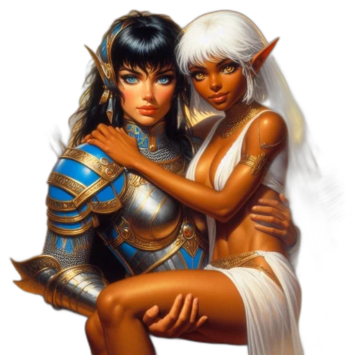fantasy art, concept art, comic book art, pixel art, golden, two, female, figures transparent PNG cut-out