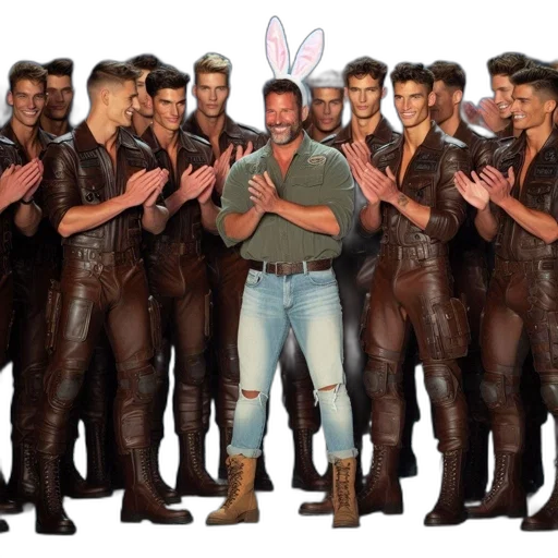 men, brown, leather, outfits, pose, performance, lit, stage transparent PNG cut-out