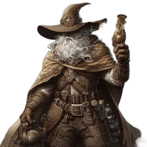 staff, hat, fantasy art, concept art, photorealistic, comic book art, golden, elderly transparent PNG cut-out