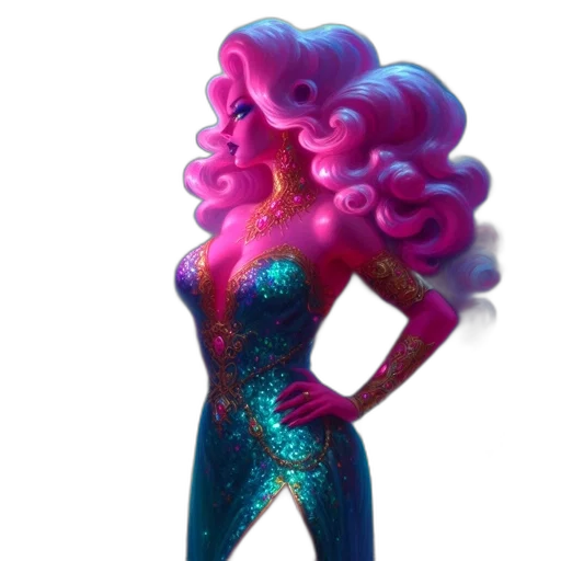 hair, dress, creature, 3d render, concept art, vaporwave, cartoon, neon lights transparent PNG cut-out