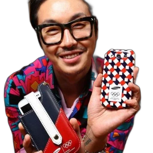 staff, man, colorful, shirt, holds, two, cell, phones transparent PNG cut-out