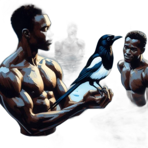 concept art, photorealistic, comic book art, fantasy art, muscular, man, holds, magpie transparent PNG cut-out