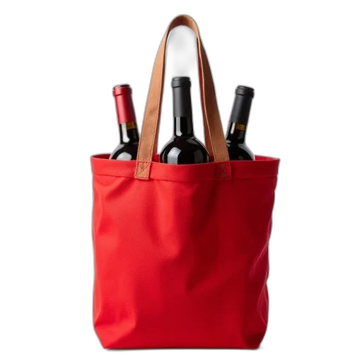 bottle, red, canvas, tote, bag, brown, handle, displayed transparent PNG cut-out